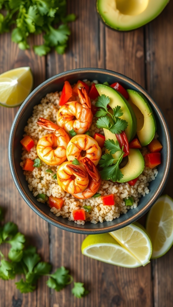 A colorful grilled shrimp quinoa bowl with shrimp, quinoa, bell peppers, and avocado, garnished with cilantro and lime.